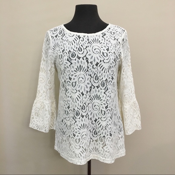 ICHI Ivory White Lace Bell Sleeve Blouse Women’s EUR 40/Medium - Picture 1 of 7